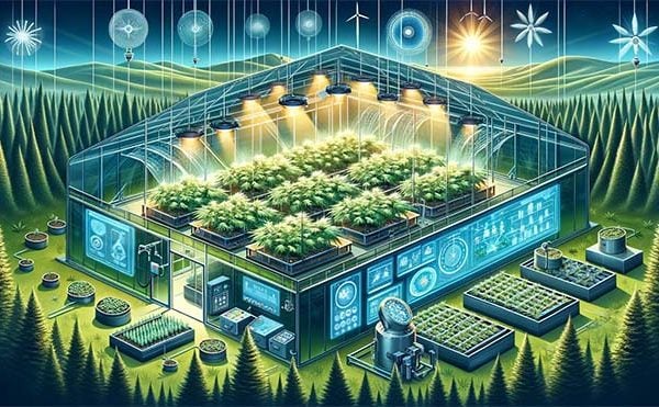 A horizontal detailed illustration showcasing the successful integration of technology in modern cannabis cultivation. The image should depict an adv 600x371 1