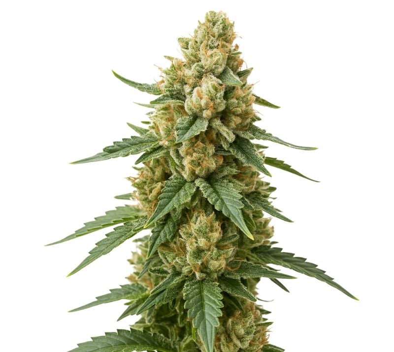 Close-up of an Alchemy cannabis plant featuring thick, frosty buds with orange pistils and serrated green leaves.