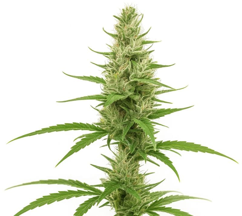 Close-up of a Clementine cannabis bud with light green flowers, orange pistils, and a frosty coating of trichomes.