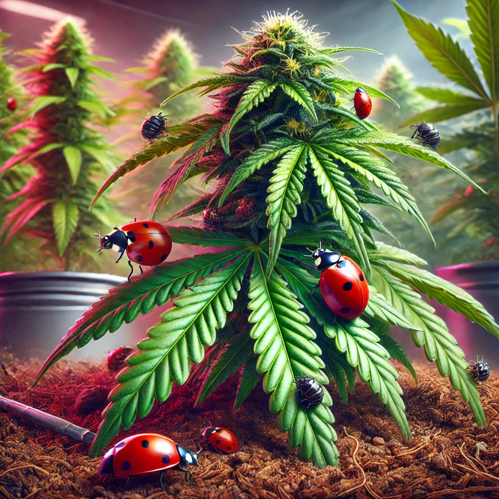 DALL·E 2024 10 31 11.49.42 A vivid detailed image depicting pest management in medical cannabis cultivation. Show a healthy cannabis plant with beneficial insects such as lady