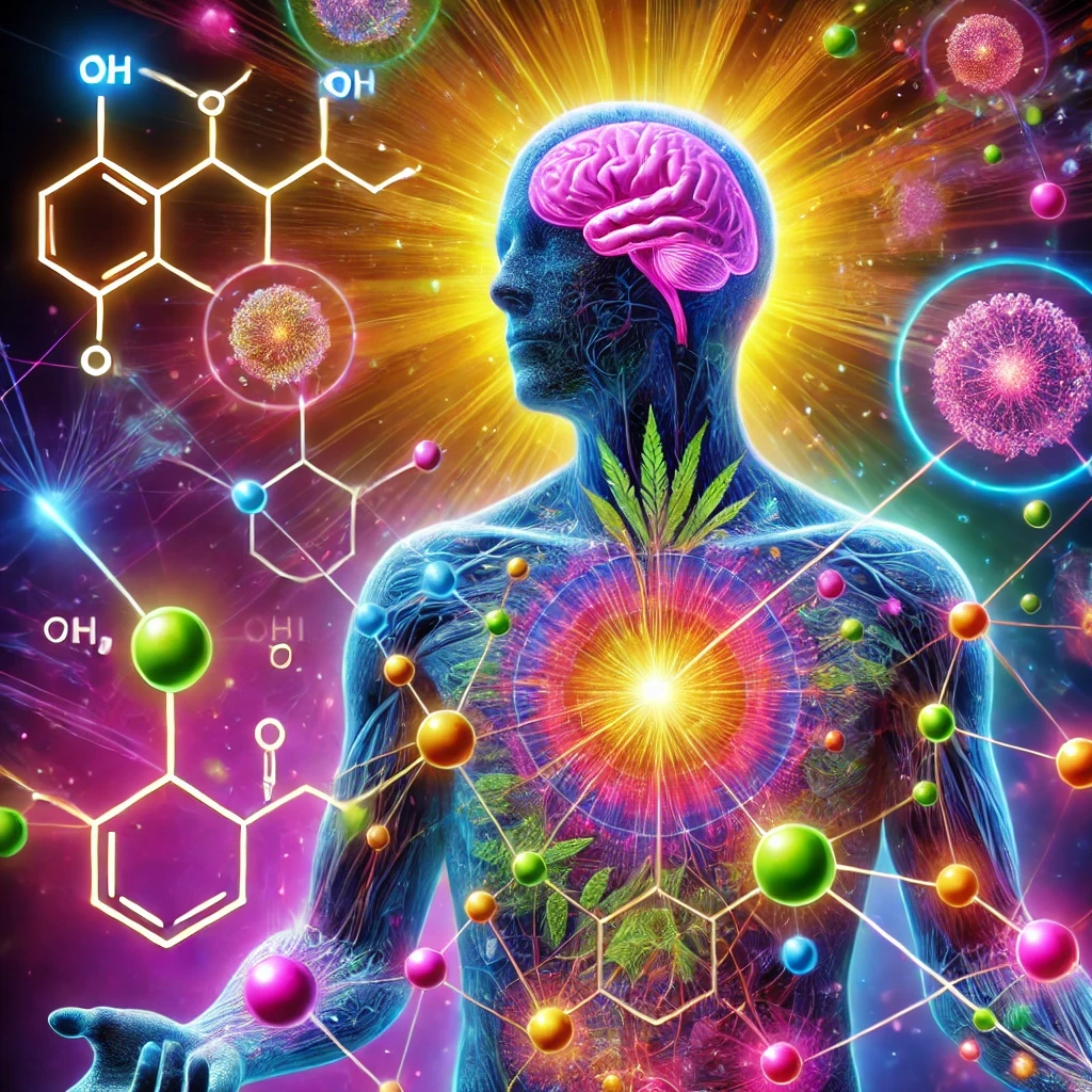 DALL·E 2024 11 12 07.40.00 A scientific and visually engaging image illustrating the mechanisms of flavonoid absorption and bioavailability in cannabis on the human body. Show a