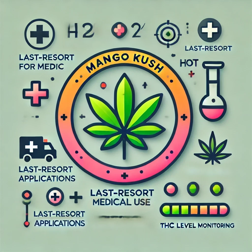 DALL·E 2024 11 12 10.44.40 A simple modern style image illustrating the restriction of Mango Kush for medical use with an emphasis on last resort applications and THC level mo