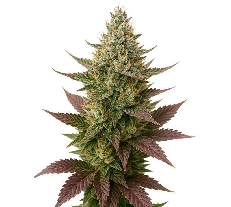 Close-up of a God’s Green Crack cannabis bud with frosty trichomes, dense flowers, and purple-green leaves.