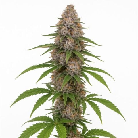 Close-up of a Liberty Haze cannabis bud with tall, dense flowers coated in frosty trichomes.