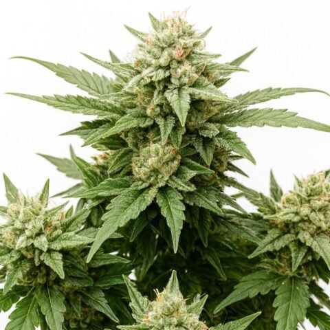 Close-up of a Strawberry Cheese cannabis plant featuring resin-coated buds, orange pistils, and serrated dark green leaves.