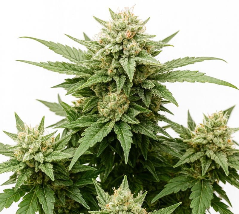 Close-up of a Strawberry Cheese cannabis plant featuring resin-coated buds, orange pistils, and serrated dark green leaves.